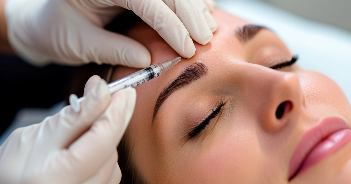 Close-up of a woman receiving Dermal Fillers in Princeton, WV above her eyebrow in a clinical setting, administered by a gloved professional.